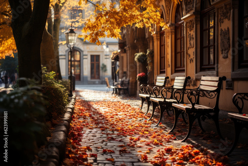 Autumn city landscape, orange golden foliage, fall wallpaper, AI Generated