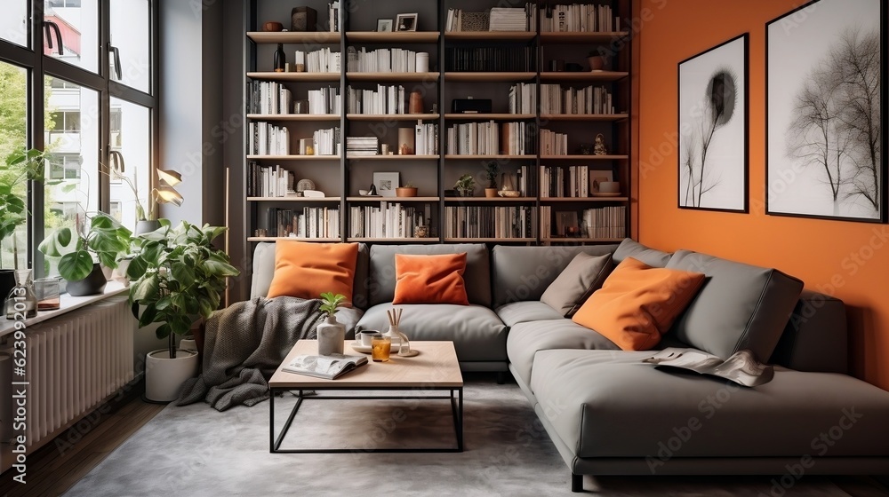 Cozy serene studio apartment with orange sofa interior design of modern living room generative ai