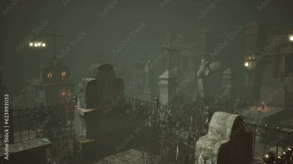 Very old misty and creepy graveyard in fog at night Very old misty and creepy graveyard in fog at night