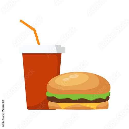 Hamburger and Soda, cold drink or coffee. Vector illustration