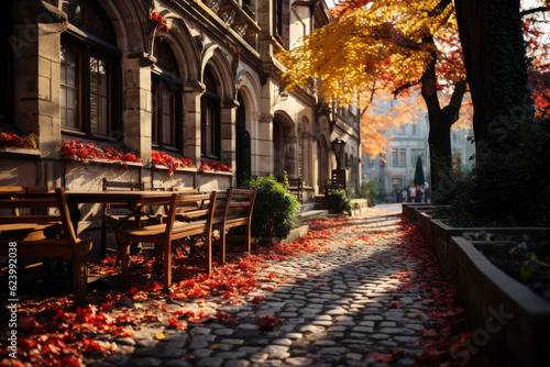 Autumn city landscape, orange golden foliage, fall wallpaper, AI Generated