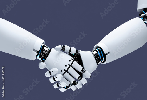 Shaking hands between robots. connection, cooperation, communication, cooperativeness, interlocking, compatibility, etc. generative AI. ロボット同士の握手。つながり、連携、コミュニケーション、協調性、連動、相性など。ジェネレーティブAI photo