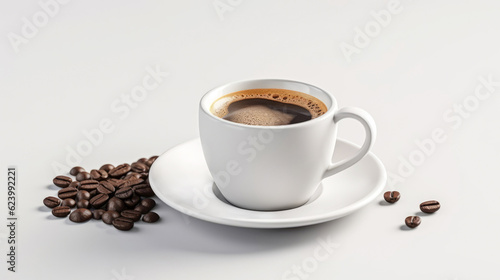 White cup with black coffee on a background of coffee beans. Generative AI © Alexa Joy