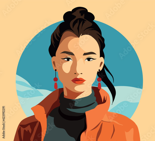 Vector icon of social media avatar asian girl. Asian culture. Kazakh girl. Portrait of a young woman of national image. Flat graphic vector illustration