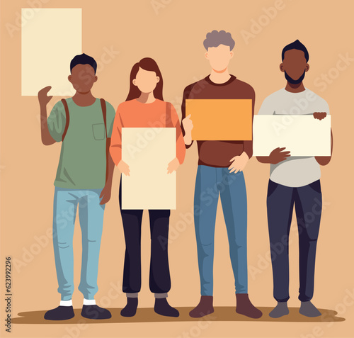 Vector flat illustration social theme people with placards. Unity in diversity. People of different nationalities and religions. multinational society. Teamwork, cooperation, friendship concept