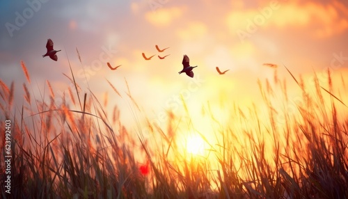 Birds flying and grass flower on sunset sky and cloud abstract background. Freedom and nature concept