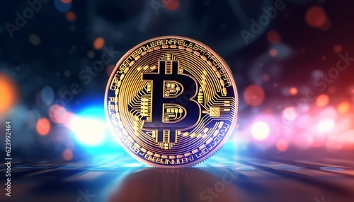 Bitcoin on vibrant bokeh light abstract background. Finance and technology concept