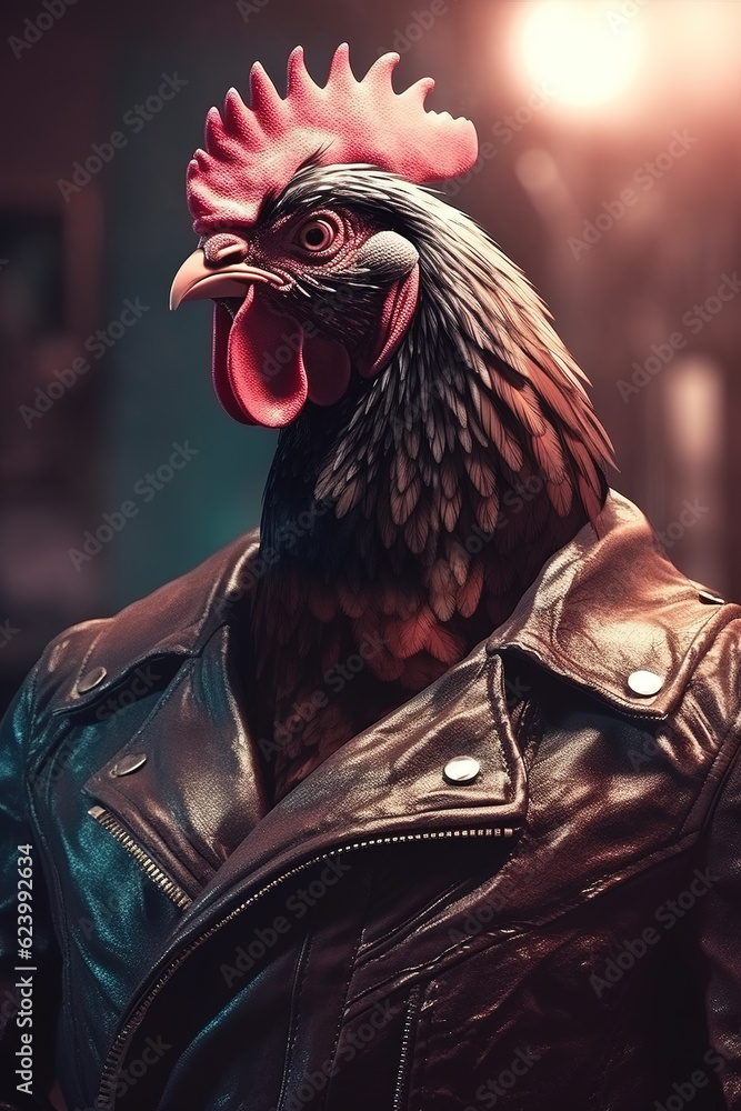 Image of stylish cool rooster as fashion and wore a leather jacket. Modern fashion, Animals, Illustration, Generative AI.