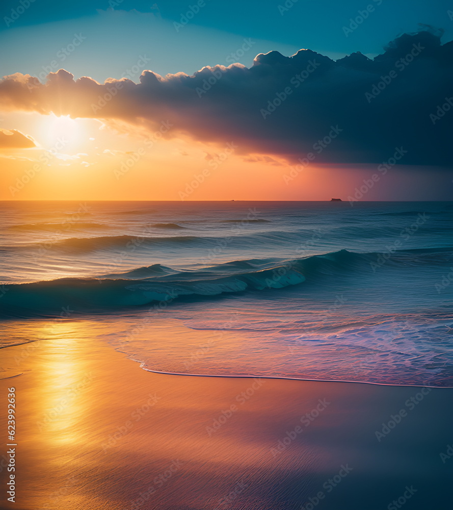 Beautiful sunset on the beach. Colorful sunset over the sea Generative AI
