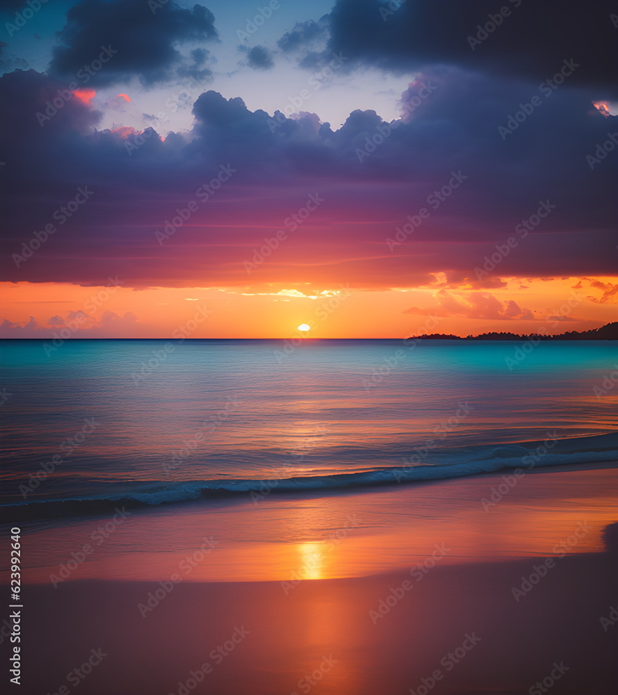 Beautiful sunset on the beach. Colorful sunset over the sea Generative AI