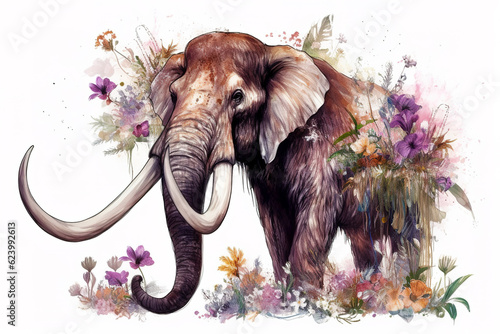 Image of a mammoth surrounded by colorful tropical flowers. Wildlife Animals. Illustration  Generative AI.