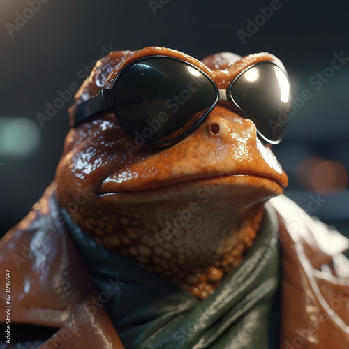 Image of stylish cool frog wearing sunglasses as fashion and wore a leather jacket. Modern fashion  Amphibian  Illustration  Generative AI..