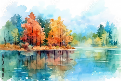 Beautiful watercolor autumn landscape with lush colorful autumn trees on the shore of a calm forest lake, AI