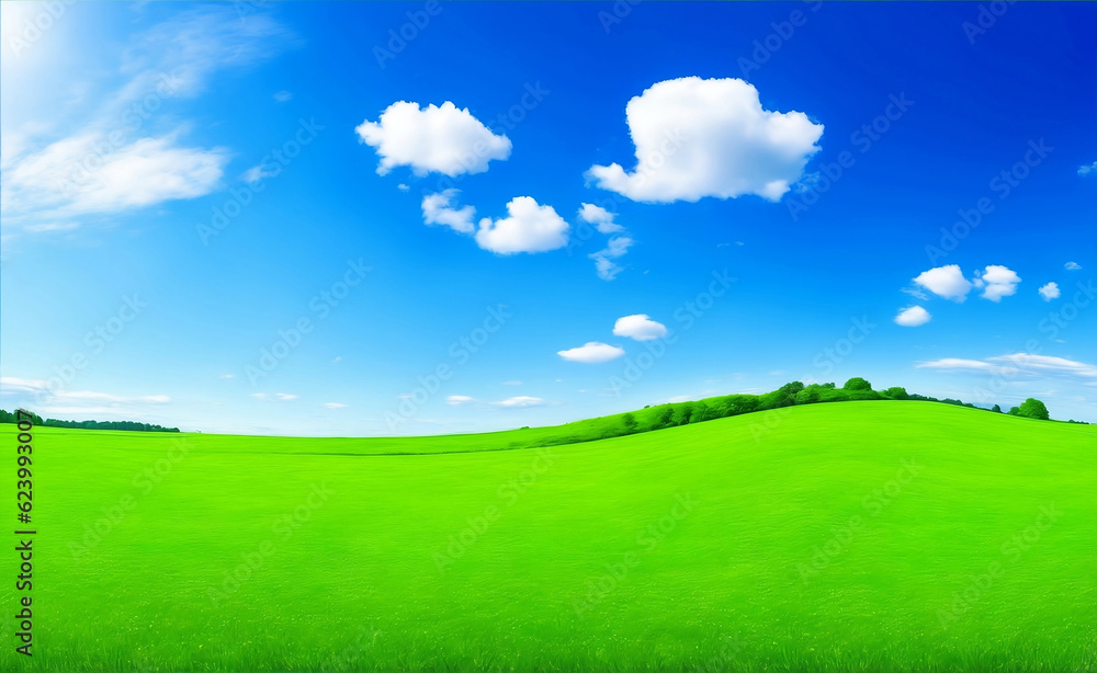 Green meadow and blue sky, Generative AI Illustration.
