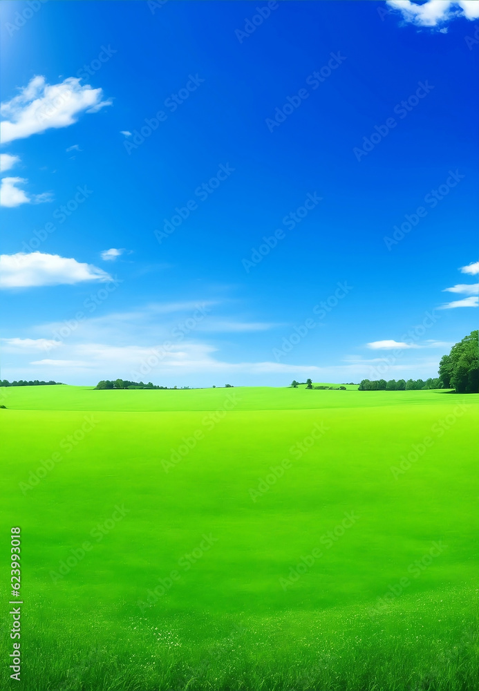 Green meadow and blue sky, Generative AI Illustration. Green meadow and blue sky, Generative AI Illustration.