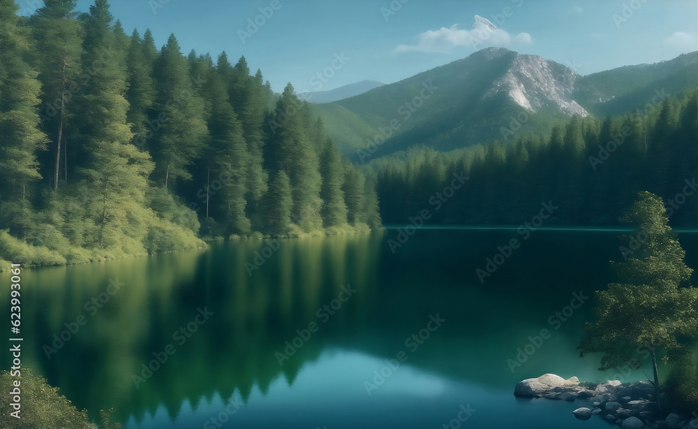 Green mountain lake surrounded by trees, Generative AI Illustration.