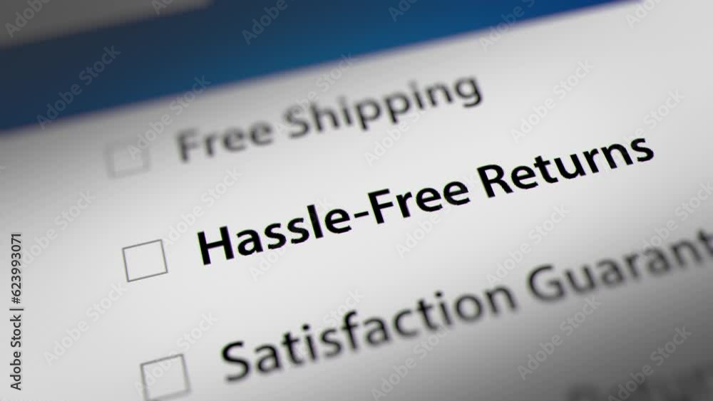 Online Shopping Advertisement-Promotion Focus on Hassle-Free Returns Option on Monitor Screen.
Online Shopping Advertisement-Promotion Focus on Hassle-Free Returns Option on Monitor Screen.
