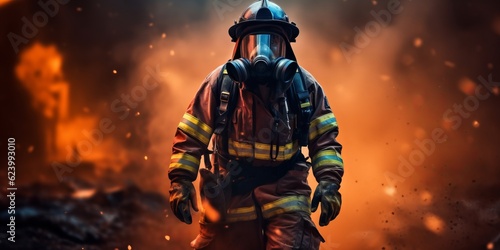 Dynamic Firefighter Man Walking Through Smoke with Gas Mask On Background, Generative AI