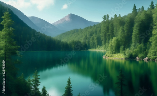 Green mountain lake surrounded by trees, Generative AI Illustration.