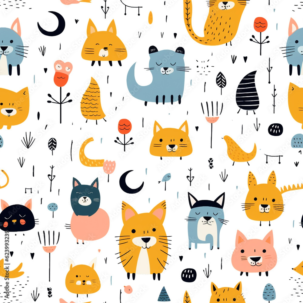 cute animals pattern seamless on white background. generative ai. cute animals pattern seamless on white background. generative ai.