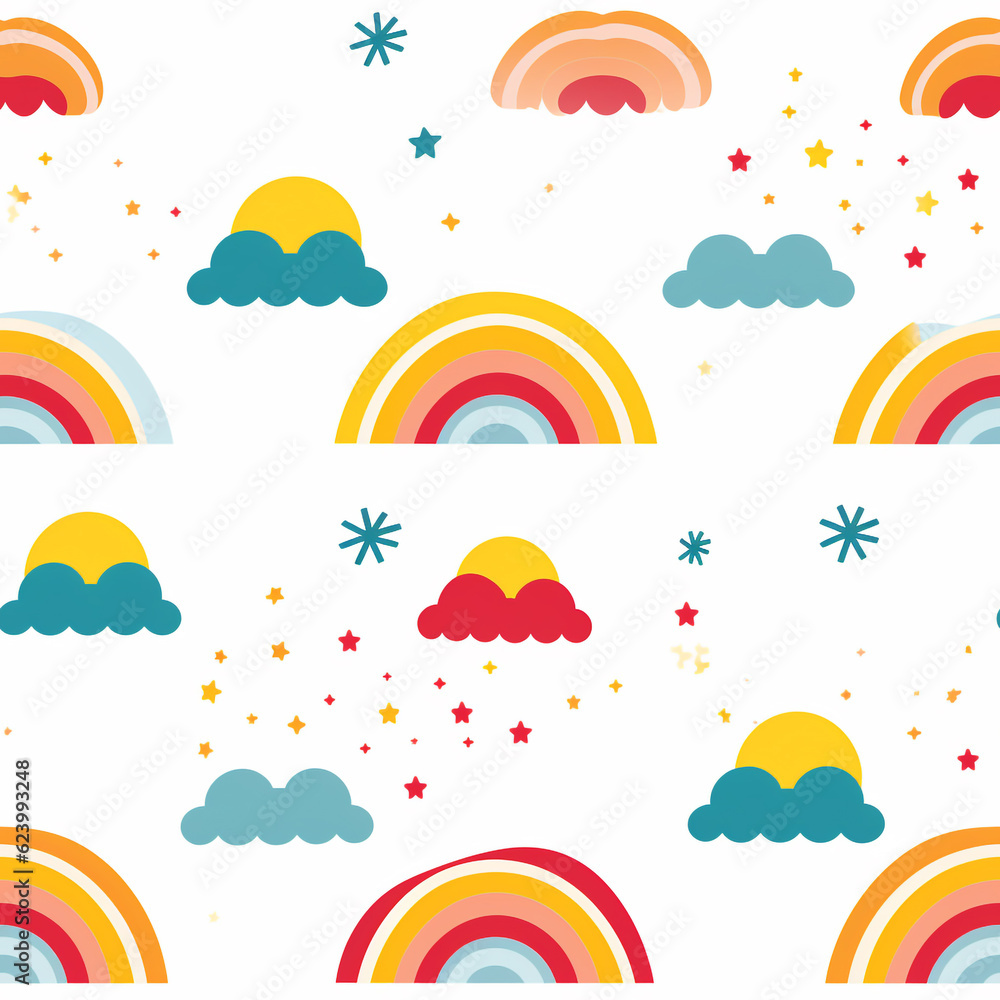 sky, rainbows, clouds and sun pattern seamless background. generative ai. sky, rainbows, clouds and sun pattern seamless background. generative ai.