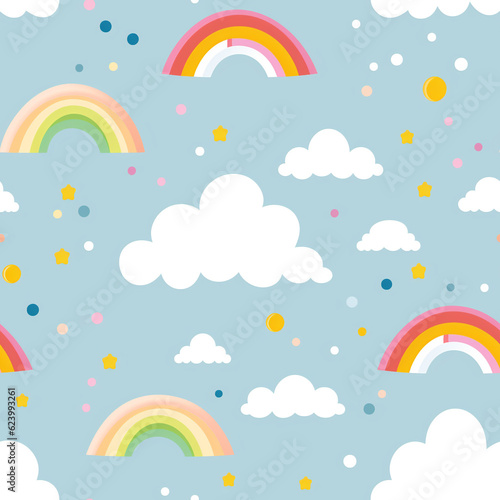 sky, rainbows, clouds and sun pattern seamless background. generative ai.
