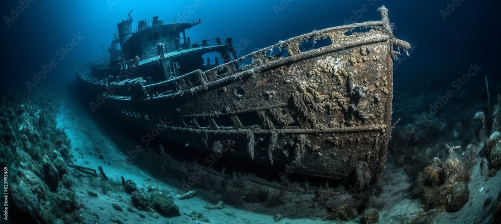 Boat wreck lying on deep ocean floor. Generative AI technology. Boat wreck lying on deep ocean floor. Generative AI technology.
