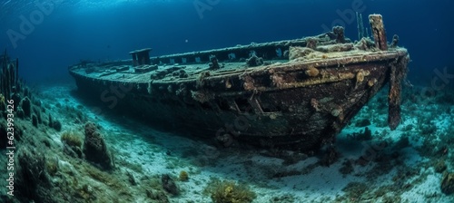 Small boat wreck lying on deep ocean floor. Generative AI technology.