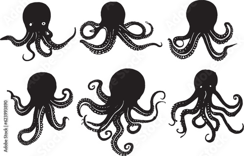 Octopus silhouette set in white background