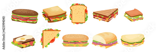 Burger, sandwich, hot dog and wrap Vector illustration set. Hamburger or cheeseburger snack fast food collections