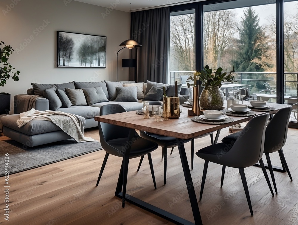 Studio apartment with dining table and chairs interior design of modern living room generative ai Studio apartment with dining table and chairs interior design of modern living room generative ai