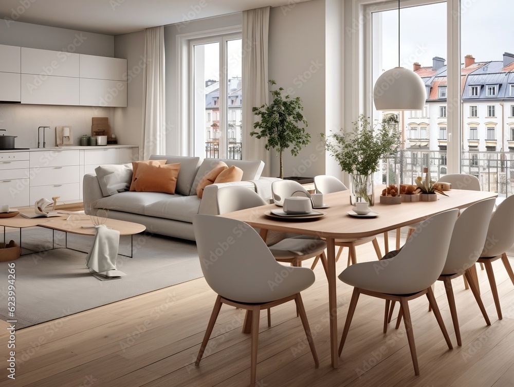 Fototapeta premium Studio apartment with dining table and chairs interior design of modern living room generative ai