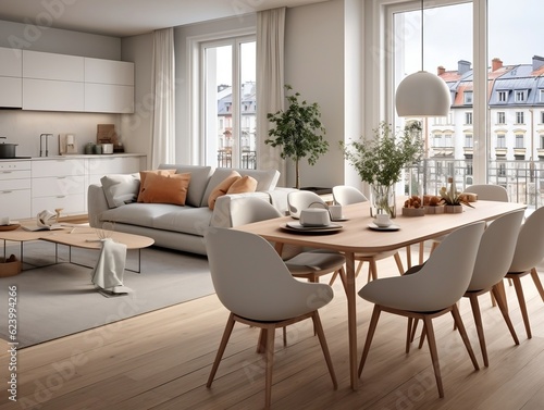 Studio apartment with dining table and chairs interior design of modern living room generative ai