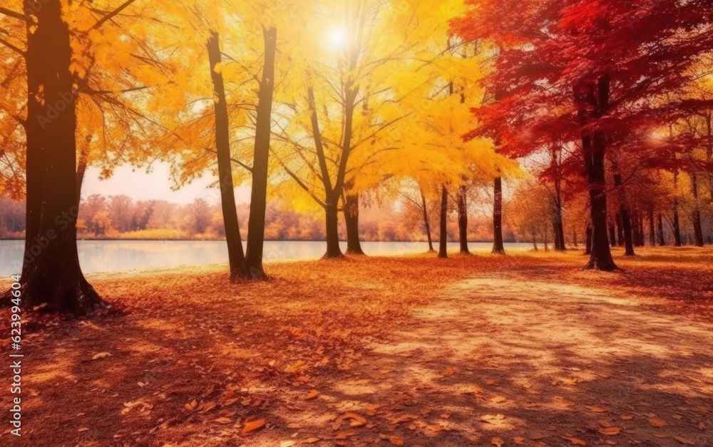Autumn landscape with the sun warmly and the maple tree, Generative AI