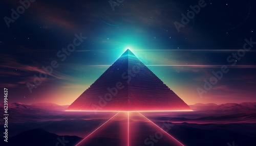 Abstract pyramid conceptual synthwave neon night background,.Background or wallpaper.Digital Painting AI Neural Network Computer 
