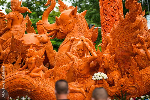 Art of candle decoration to celebrate in candle festival in The End of Buddhist Lent in Ubon Ratchathani, Thailand held on July 14, 2022