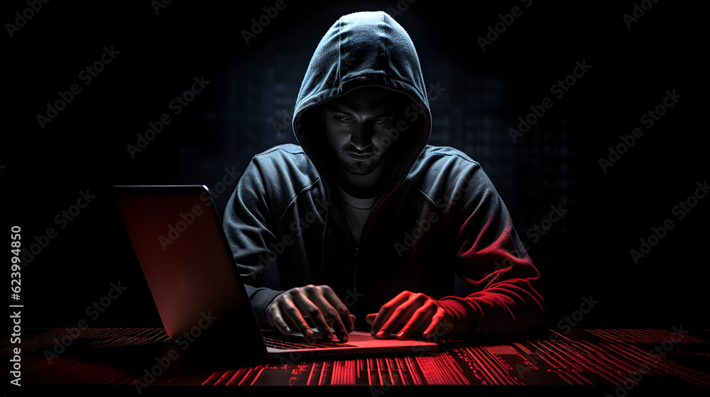 Hacker in the hood silhouette in the dark. Generative AI Hacker in the hood silhouette in the dark. Generative AI
