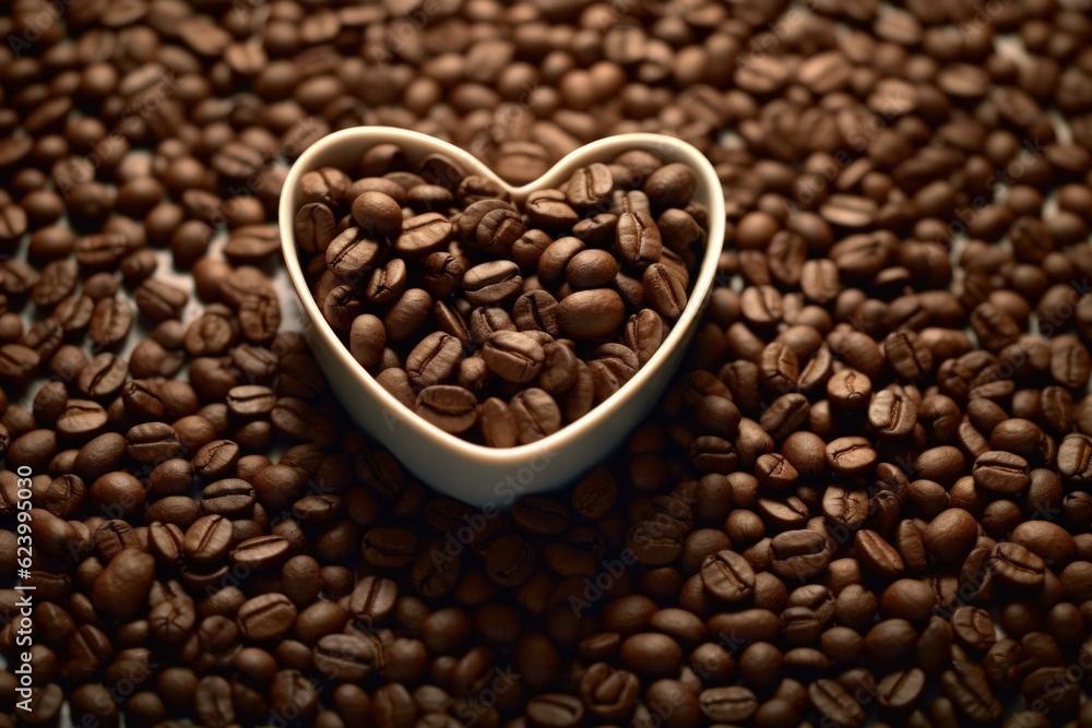 Heart shape coffee cup on wooden table with a coffee beans, Generative AI Heart shape coffee cup on wooden table with a coffee beans, Generative AI