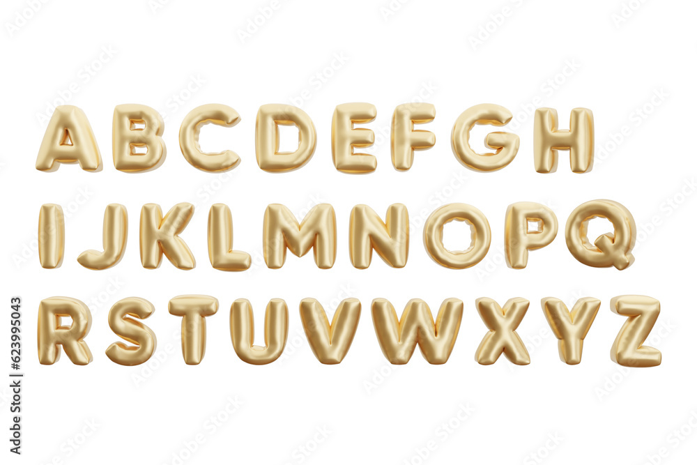 3d minimal set collection alphabet font gold balloons glossy realistic isolated transparent object. 3d rendering illustration