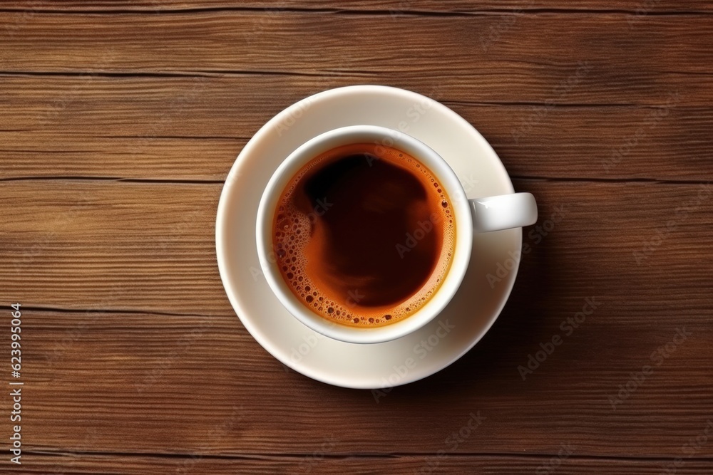 Top view of black coffee cup and beans on old kitchen table, Generative AI Top view of black coffee cup and beans on old kitchen table, Generative AI