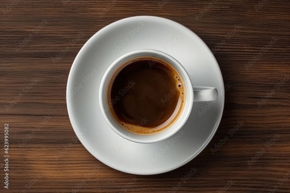 Top view of black coffee cup and beans on old kitchen table, Generative AI Top view of black coffee cup and beans on old kitchen table, Generative AI