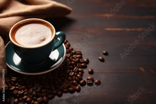 Top view of black coffee cup and beans on old kitchen table, Generative AI