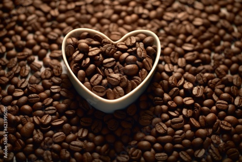 Heart shape coffee cup on wooden table with a coffee beans  Generative AI