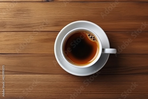 Top view of black coffee cup and beans on old kitchen table, Generative AI