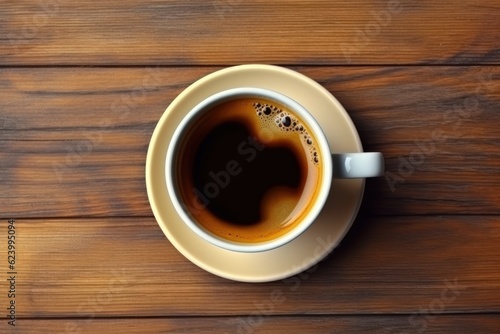 Top view of black coffee cup and beans on old kitchen table, Generative AI