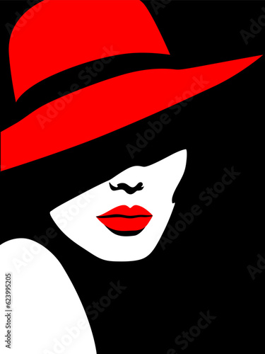 Profile of young beautiful fashion woman with hat, minimalism. Abstract female portrait, contemporary design, vector illustration