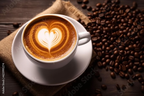 Cup of coffee latte with heart shape and coffee beans on old wooden background, Generative AI