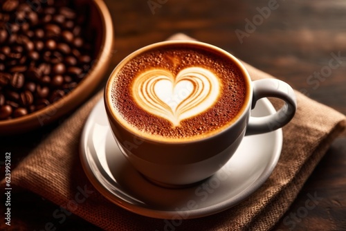 Cup of coffee latte with heart shape and coffee beans on old wooden background, Generative AI