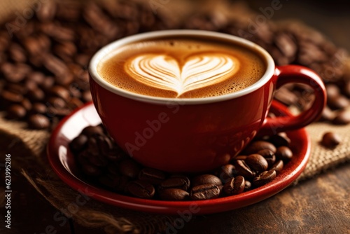 Cup of coffee latte with heart shape and coffee beans on old wooden background, Generative AI