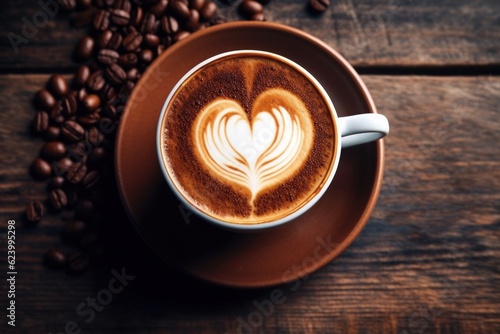 Fotografija Cup of coffee latte with heart shape and coffee beans on old wooden background,